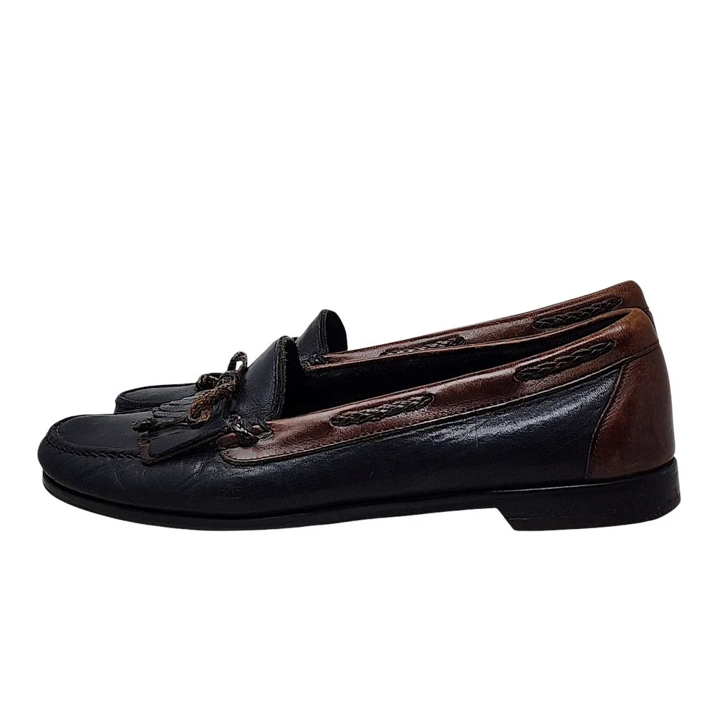 Johnston & Murphy Kiltie Loafers 11 D Mens Black Brown Tassel Leather Moc Toe